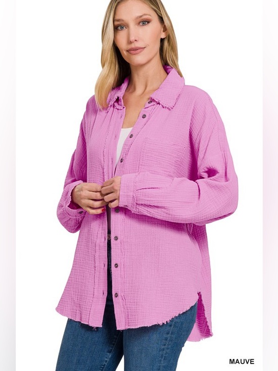 Zenana Outfitters Tops - Women's Mauve Pink Button-Front Gauze Shirt Jacket